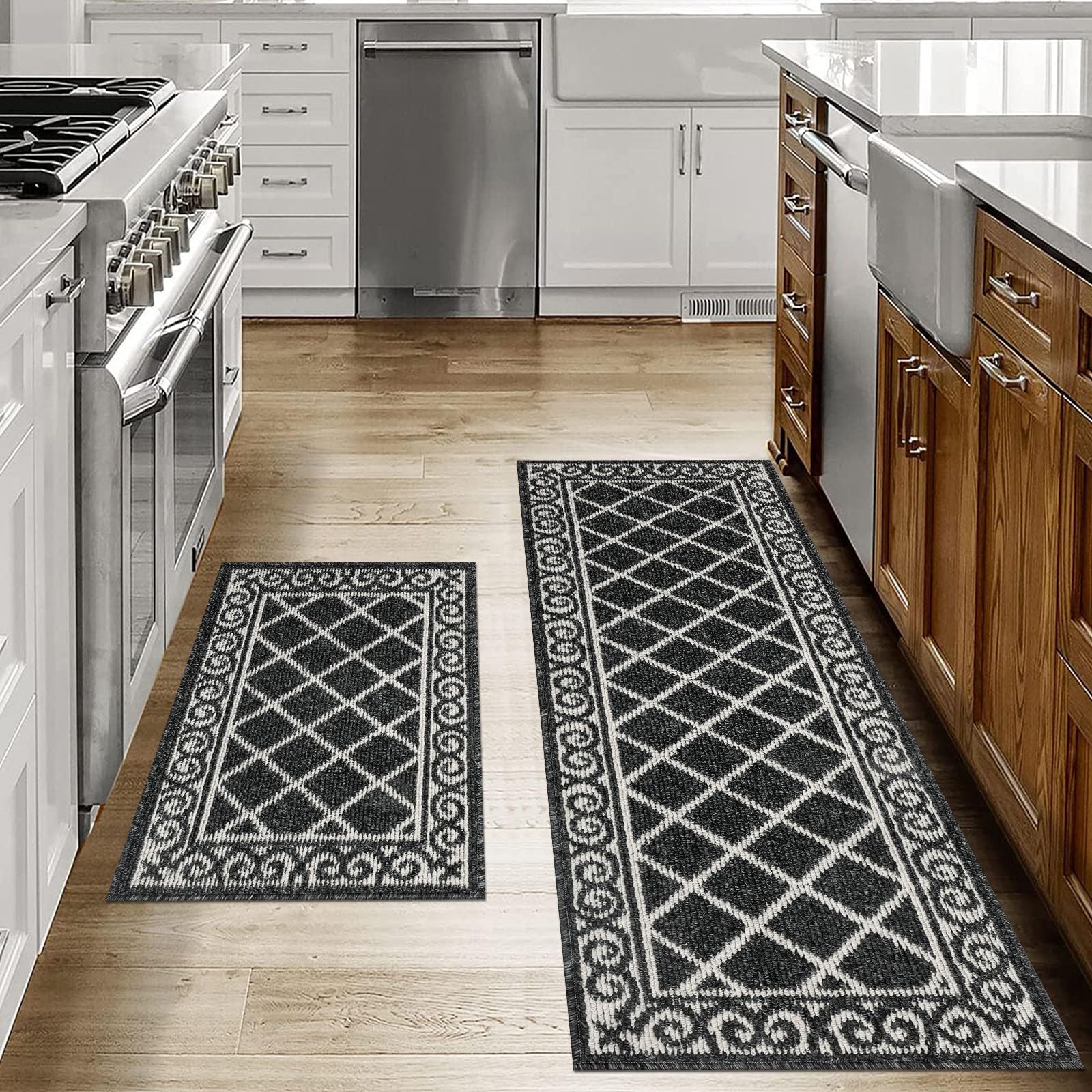 HEBE Washable 2-Piece Kitchen Rug Set with Runner, Non-Slip Floor Mats for Kitchen, Hallway, Entryway & Laundry Room